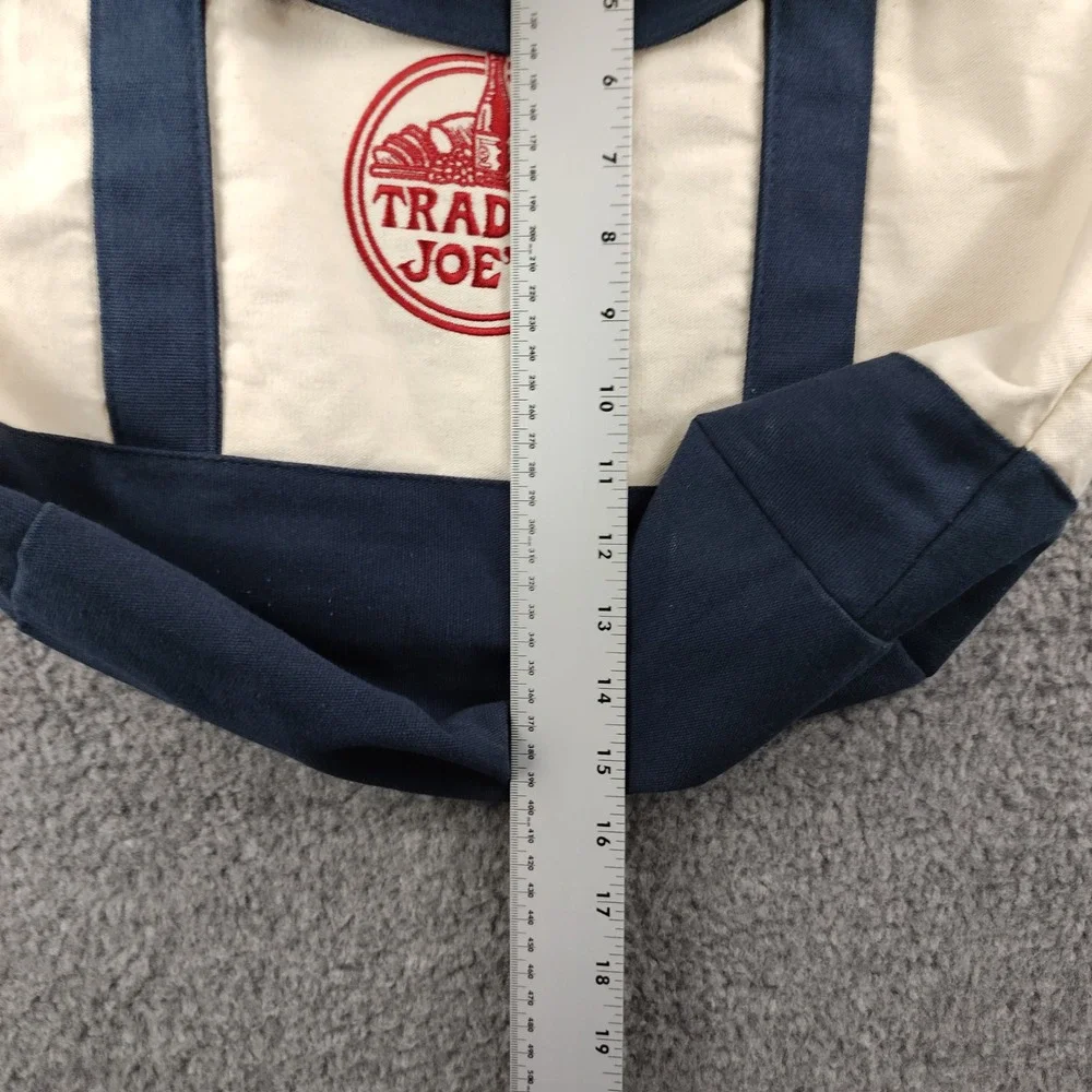 Trader Joe's Canvas Tote Bag Navy Blue Cream Embroidered Logo Reusable Grocery